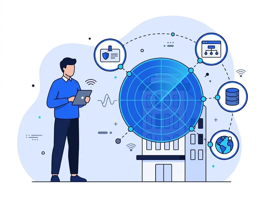 Radar de ciberseguridad escaneando el edificio de una empresa, rodeado de credenciales, subdominios, bases de datos y servicios expuestos